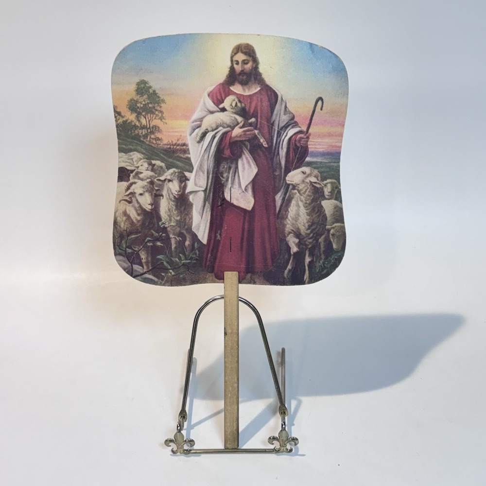 Vintage Mann's Store Advertising Paper Hand Fan Jesus The Good Shepherd 1950's